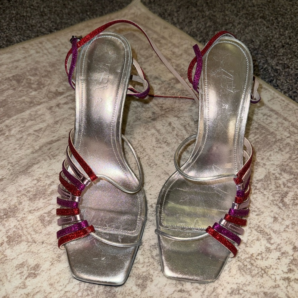 ZARA Metallic Strappy Heels – Multicolor Glitter Straps